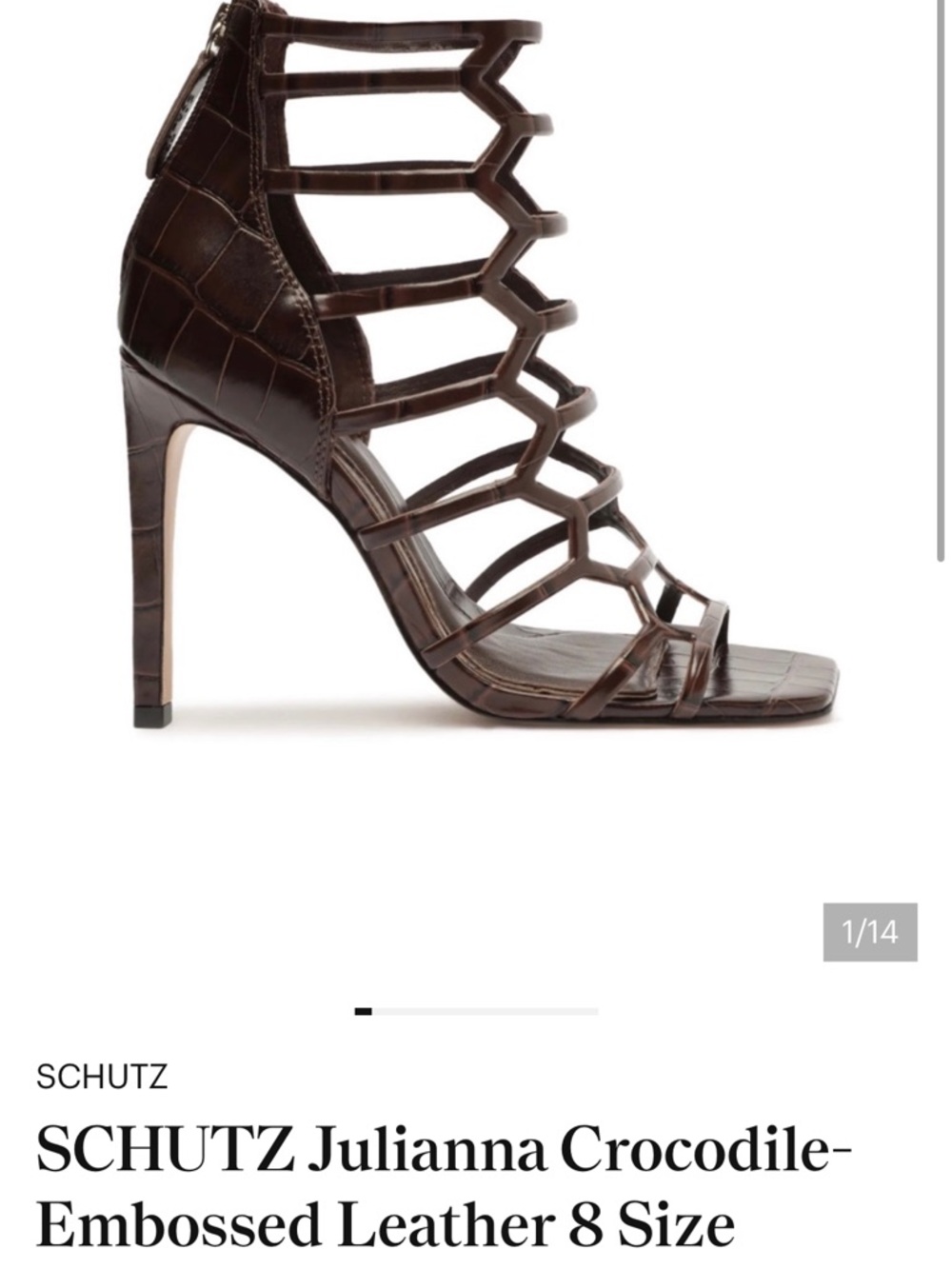 SCHUTZ Crocodile-Embossed Dark Brown Strappy High Heel Sandal